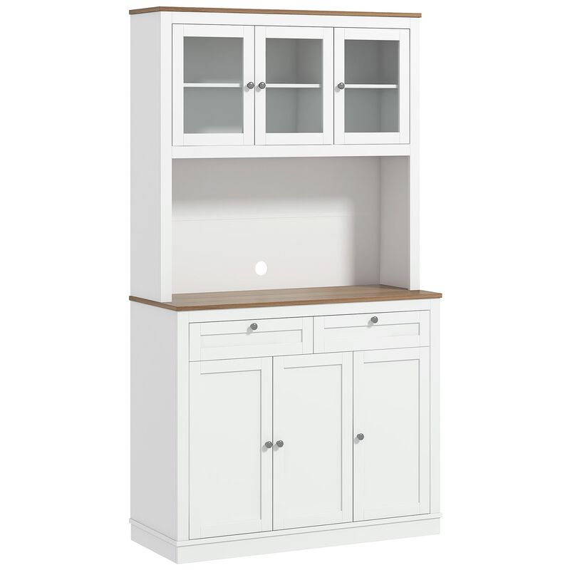 71" White Kitchen Pantry: Microwave Stand, 2 Drawers, 4 Cabinets