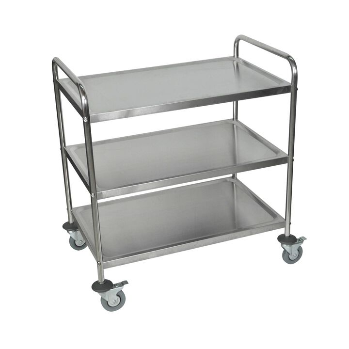 Ergode 37" H Mobile Multipurpose Utility Large Stainless Steel Cart with 3 Shelves and Rounded Handle - Ideal for Healthcare, Food Service and Restaurant
