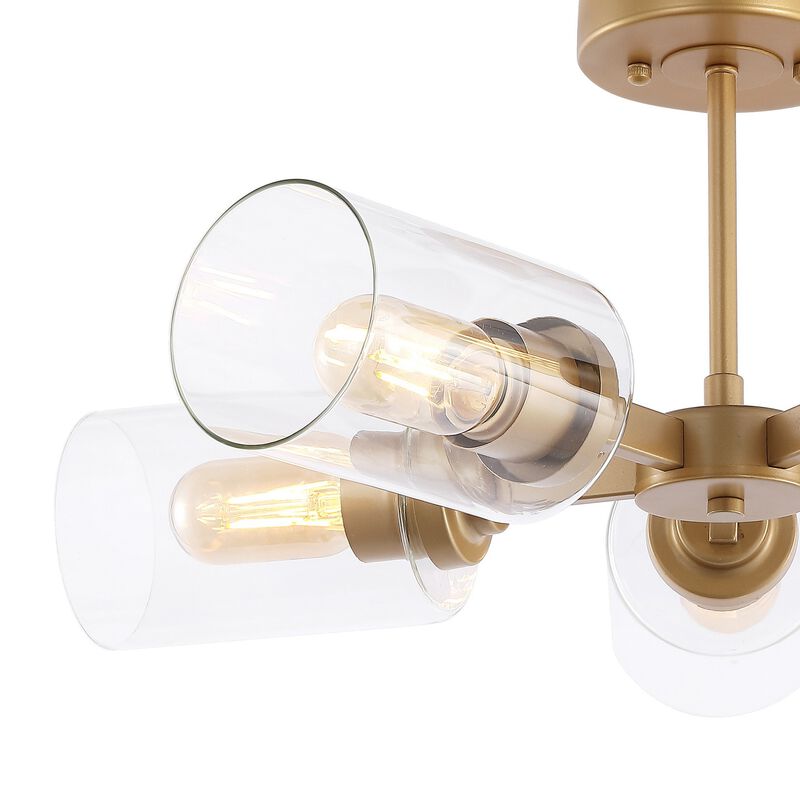 Jaynie 21.5" 5-Light Farmhouse Industrial Iron Cylinder LED Semi Flush Mount, Brass Gold/Clear
