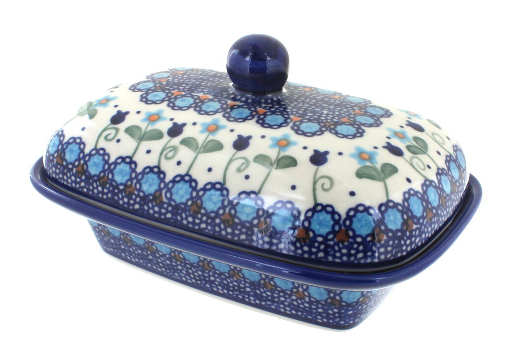 Blue Rose Polish Pottery Garden Butterfly Butter Tub