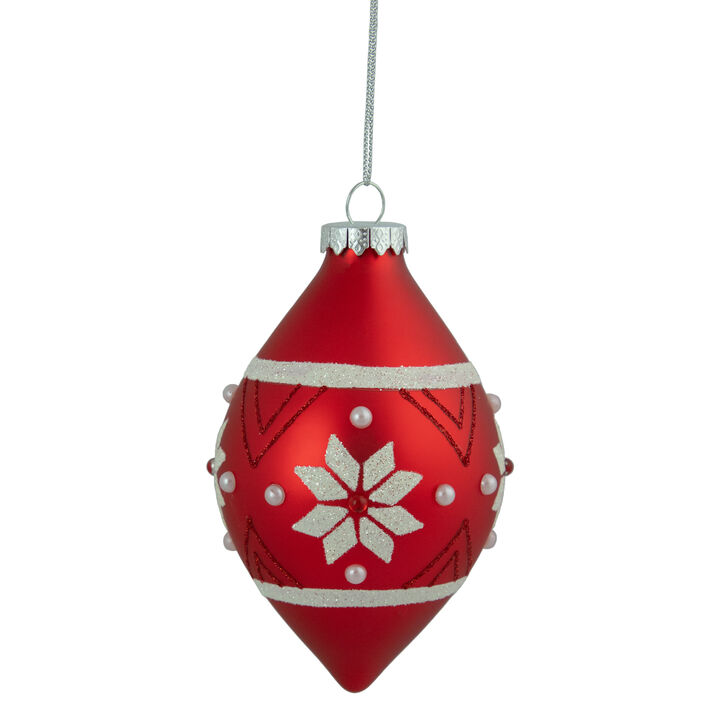 5.25" Glittered Red and White Snowflake Glass Finial Christmas Ornament