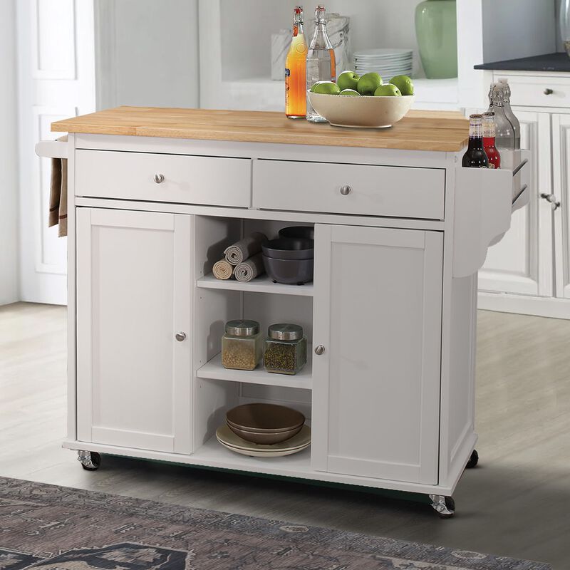 Wood Kitchen Cart, 2 Door Cabinet, Natural Brown, White-Benzara