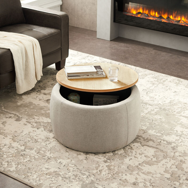 Round Storage Ottoman, 2 in 1 Function, Work as End table and Ottoman, Grey (25.5"x25.5"x14.5")