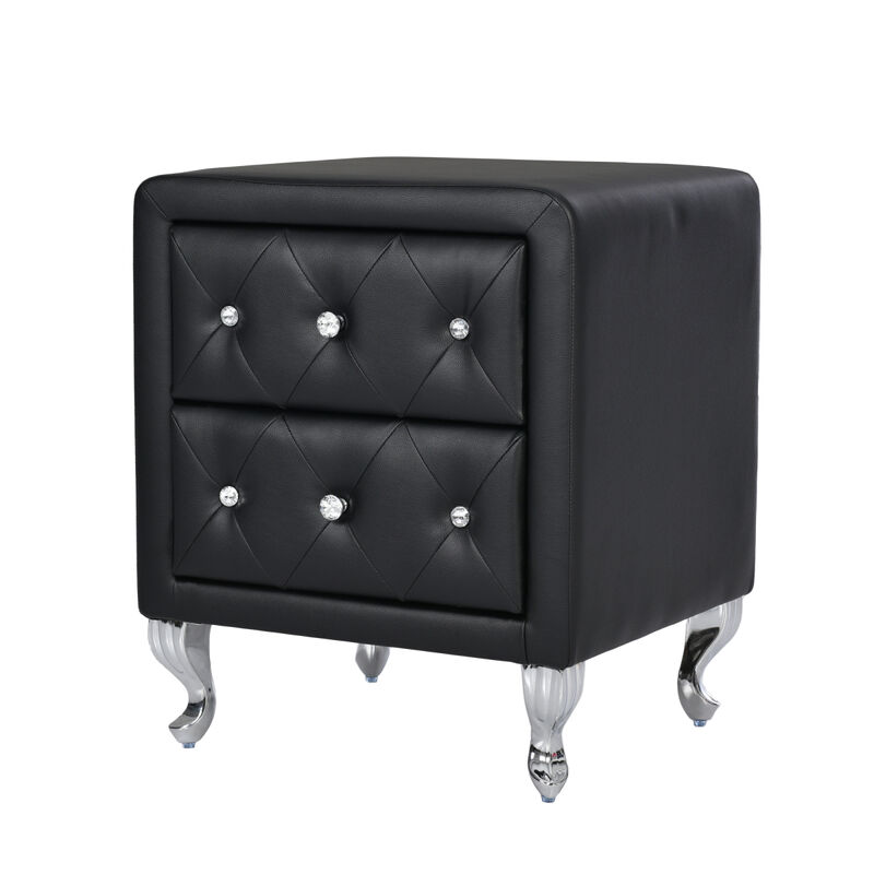 Elegant PU Nightstand - 2 Drawers, Crystal Handle