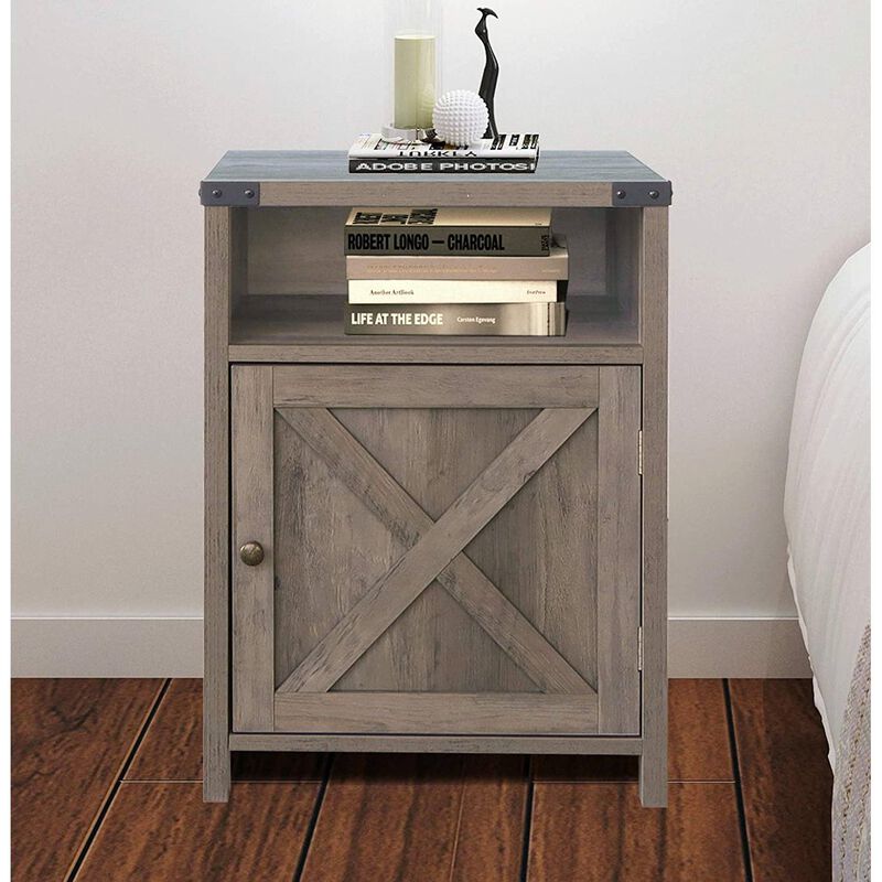 Hivvago Farmhouse Style End Table Barn Door Nightstand with Open Shelf in Rustic Oak