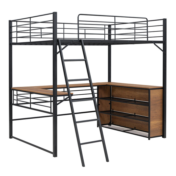 Full Size Metal Loft Bed with 3 Layers of Shelves and L-Shaped Desk, Black