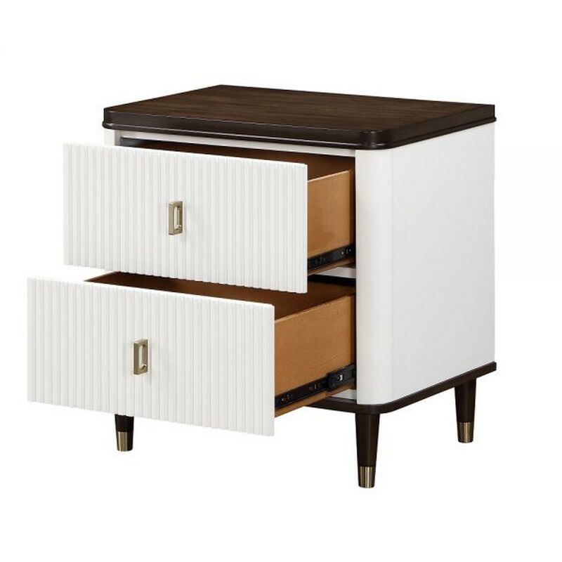 Aren 27 Inch Nightstand, 2 Drawers, USB Charger, Solid Wood, White, Brown - Benzara
