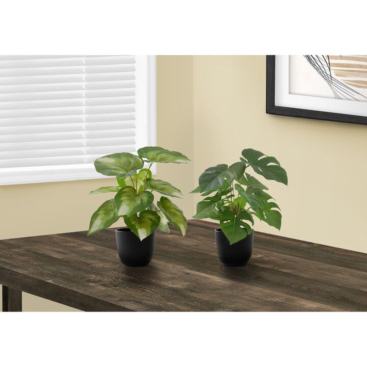 Monarch Specialties I 9584 - Artificial Plant, 13" Tall, Monstera Calthea, Indoor, Faux, Fake, Table, Greenery, Potted, Set Of 2, Decorative, Green Leaves, Black Pots