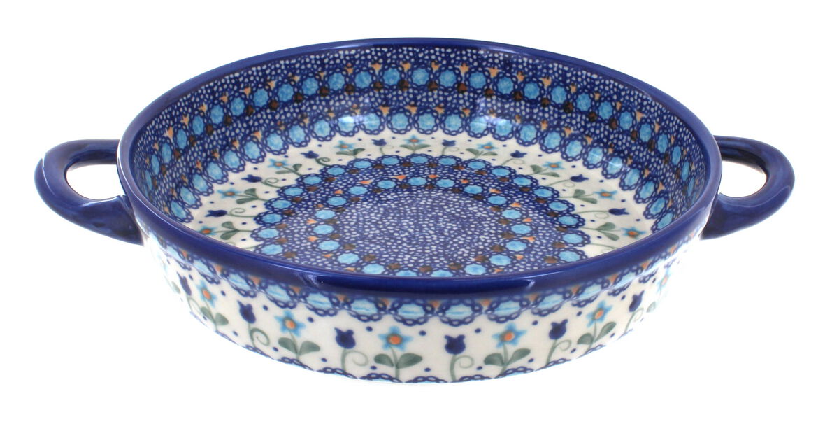 Blue Rose Polish Pottery Blue Starflower Small Round Baker with Handles