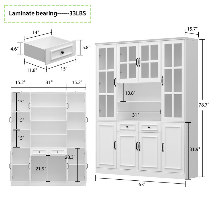 63 in. W x 15.7 in. D x 78.7 in. H White 12-Shelf Wood Standard Bookcase With Doors, Drawers, Adjustable Shelves