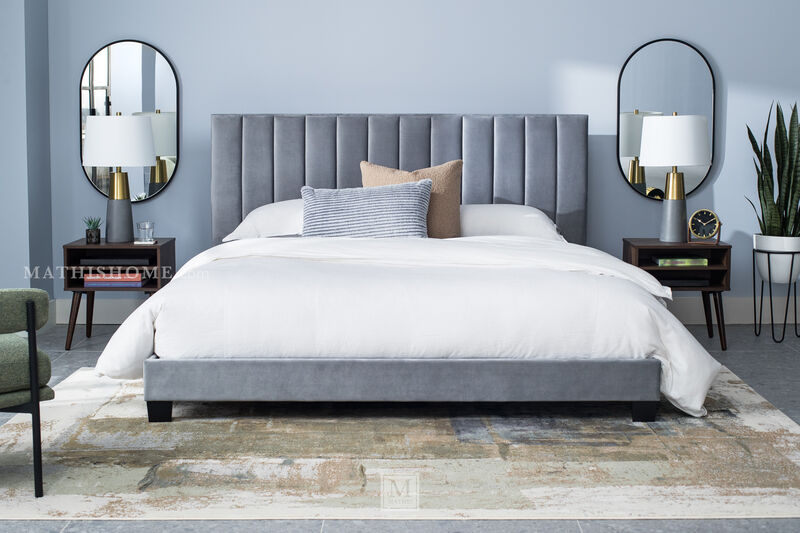 Coyote Gray Upholstered Bed w/ 2 Nightstands