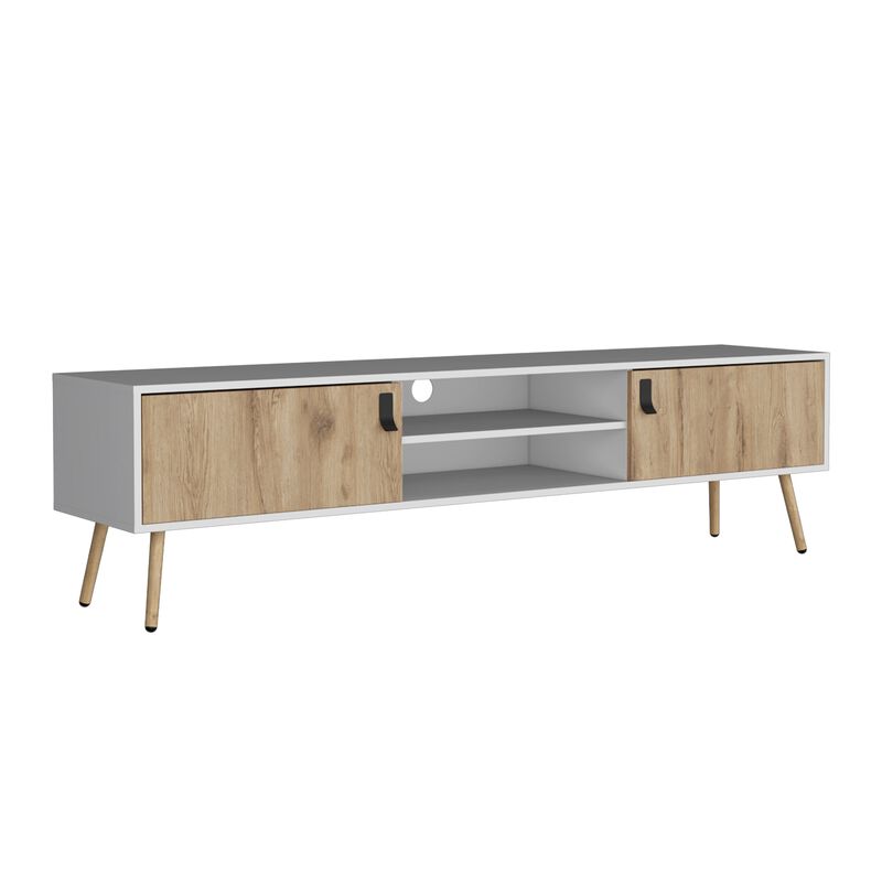 Huna TV Rack, Dual-Tone with Hinged Drawers and Open Shelves-White / Macadamia