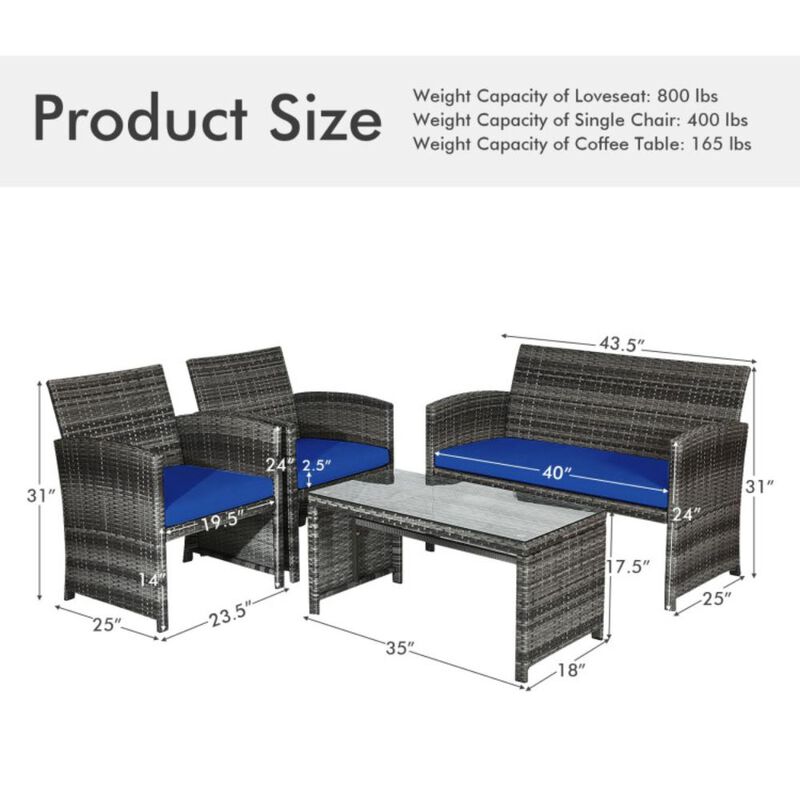 Hivvago 4 Pieces Patio Rattan Furniture Set with Glass Table and Loveseat