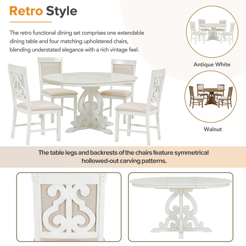 5Piece Retro Functional Dining Set, 1 Extendable Table with a 16inch Leaf and 4 Upholstered Chairs for Dining Room and Kitchen (Antique White)