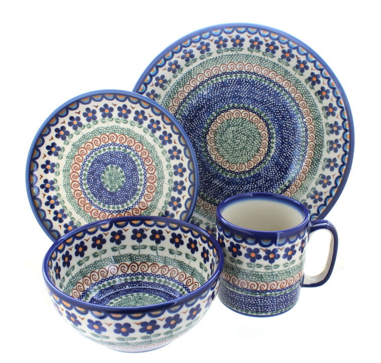 Blue Rose Polish Pottery Sunflower Maze 16 Piece Dinnerware Set