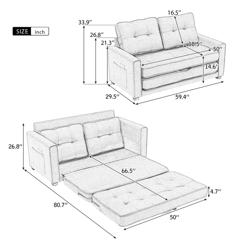 59.4" Loveseat Sofa with Pull-Out Bed Modern Upholstered Couch with Side Pocket for Living Room Office, Blue