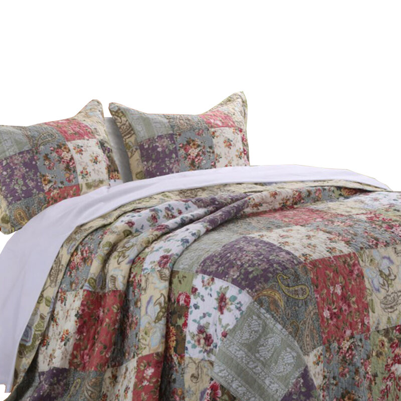 Chicago 3 Piece Fabric Full Bedspread Set with Jacobean Prints, Multicolor - Benzara