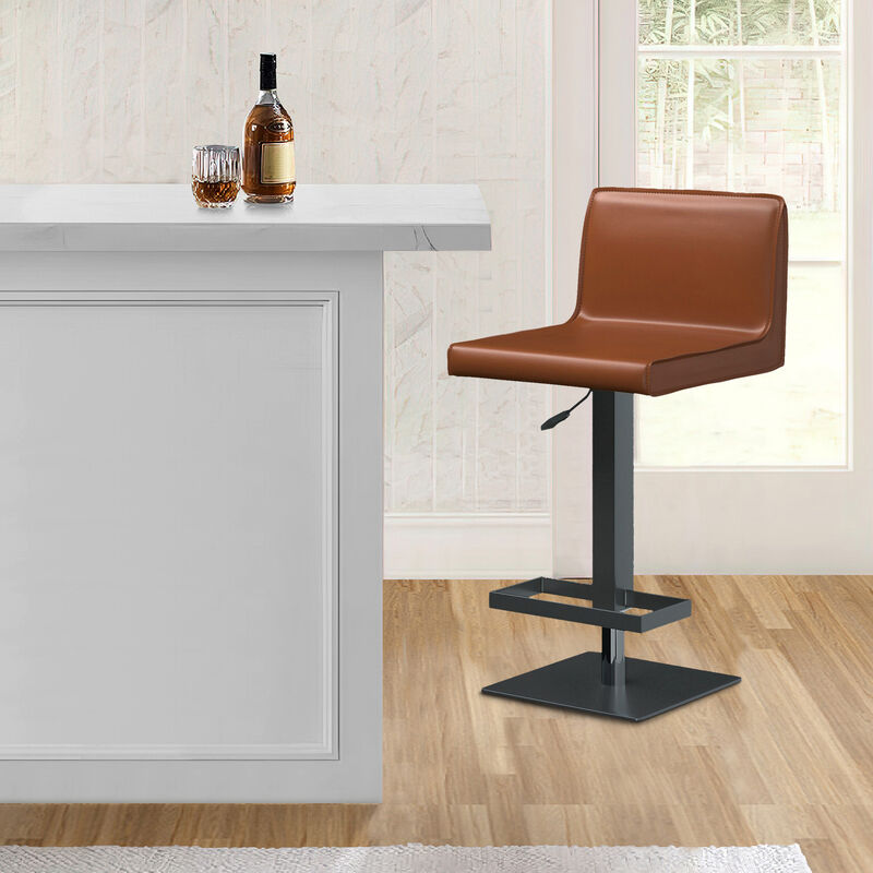 21-31 Inch Adjustable Height Barstool, Vegan Faux Leather, Cognac Brown - Benzara