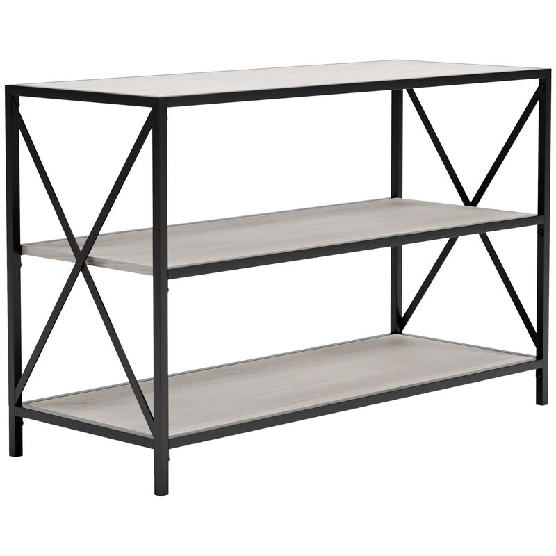 Gem 40 Inch Metal Console Sideboard Table, 3 Shelves, X Side Accents, Black, Whitewash-Benzara