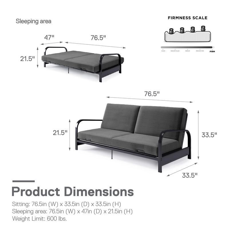 RealRooms Millie Convertible Metal Frame Futon Sofa with Coil Mattress with Multiple Positions for Seating and Sleeping, Gray