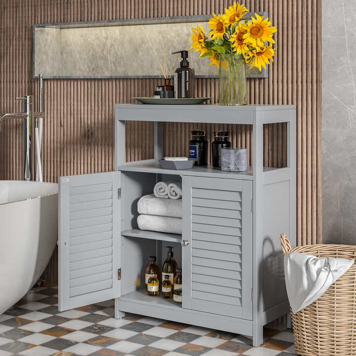 Costway Bathroom Floor Cabinet Storage Organizer with Open Shelf & Double Shutter Door Grey