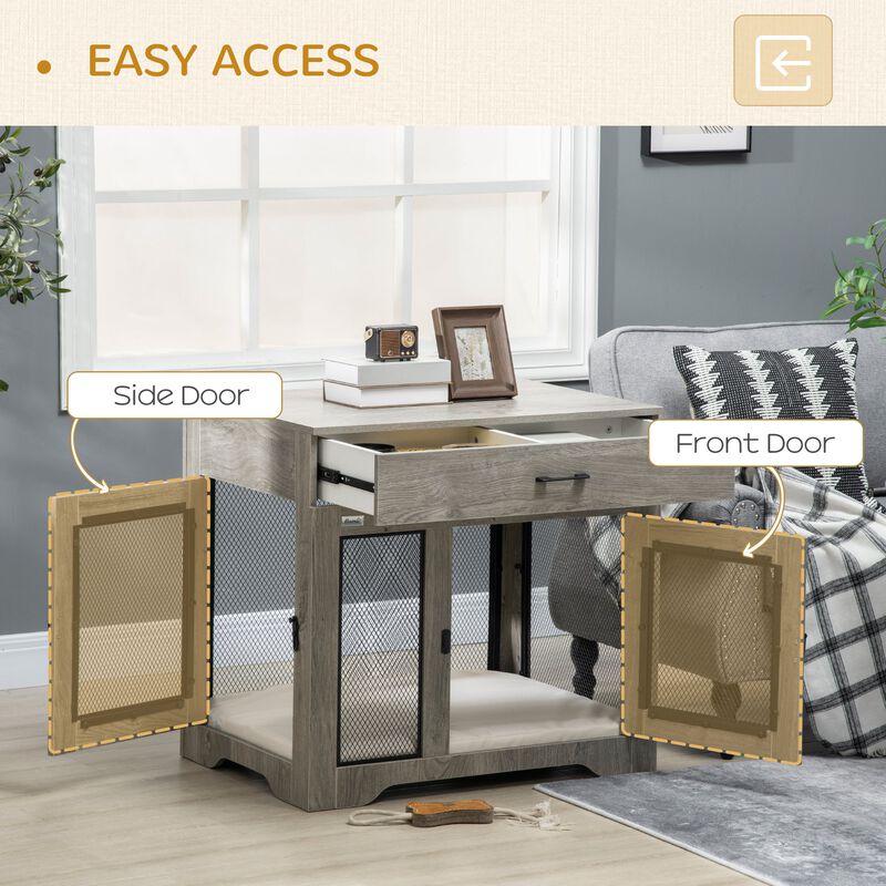 Dog Crate Furniture with Soft Water-Resistant Cushion, Dog Crate End Table with Drawer, Puppy Crate for Small Dogs Indoor with 2 Doors, Grey