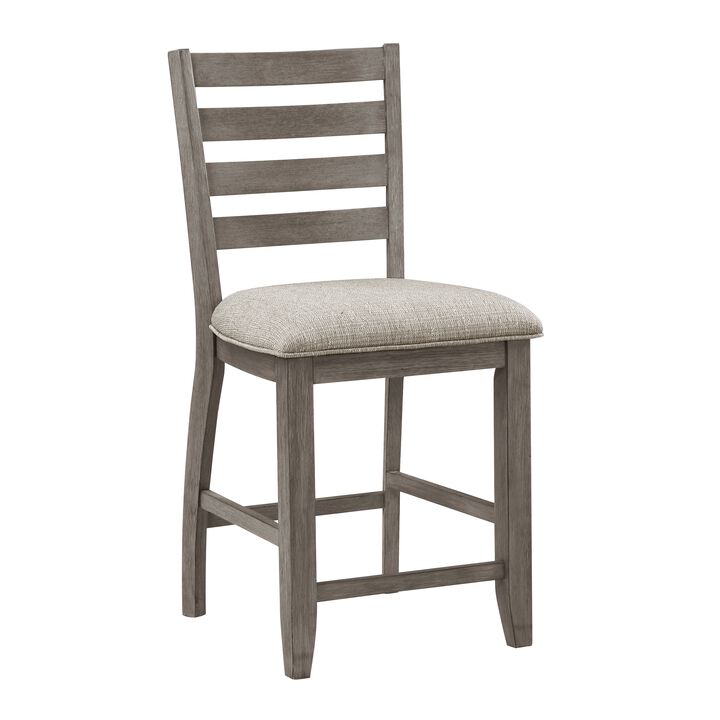 Trea 26 Inch Counter Height Chair, Ladder Back, Polyester, Gray Wood, Set of 2 - Benzara