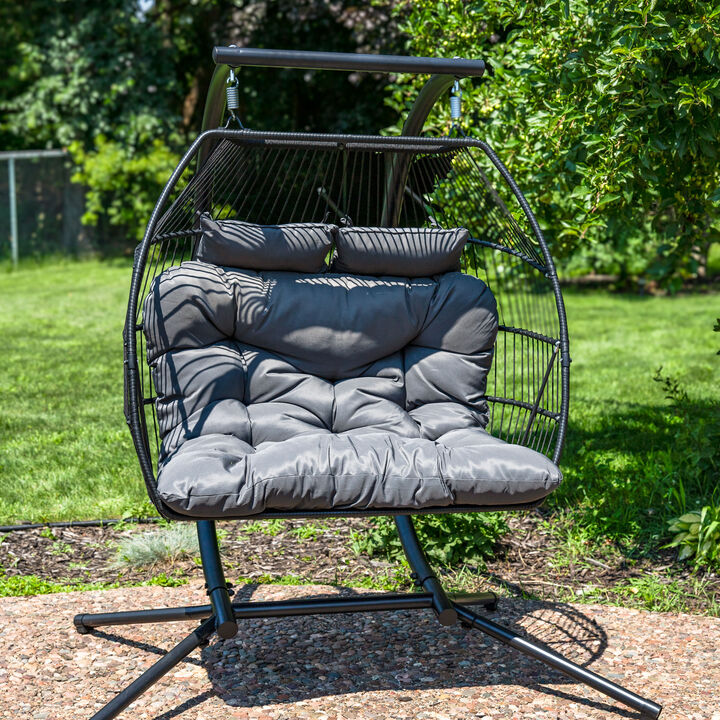 Sunnydaze Polyrattan Andrei Double Egg Chair with Cushion - Dark Gray