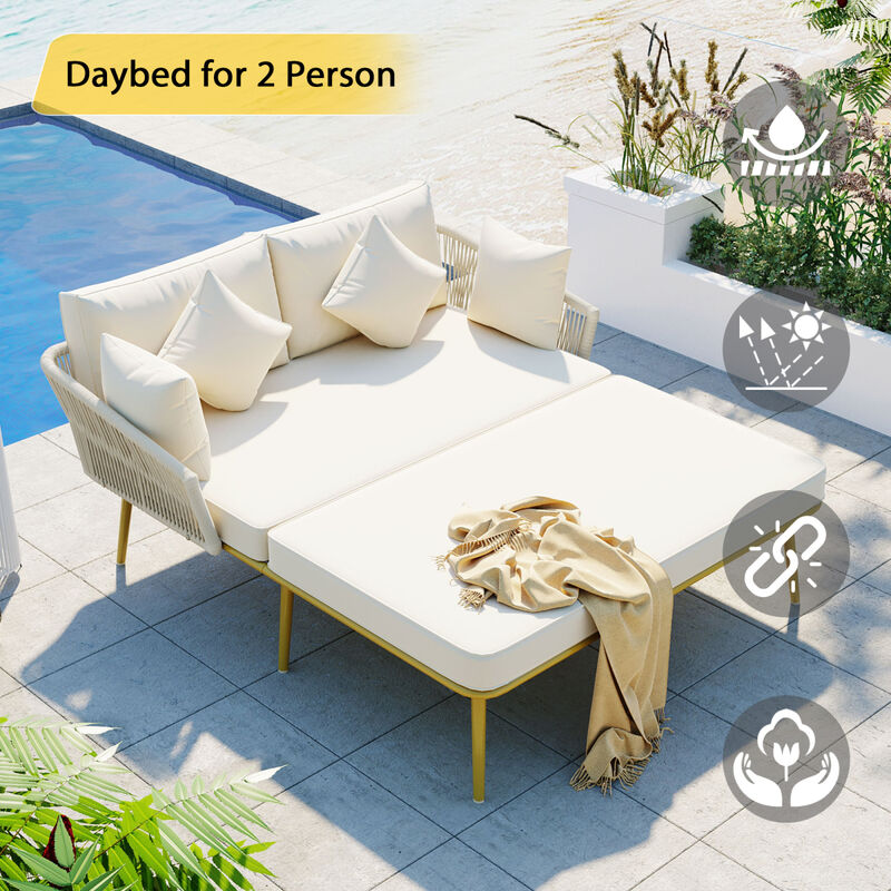 Woven Patio Daybed Set for 2 With Washable Cushions