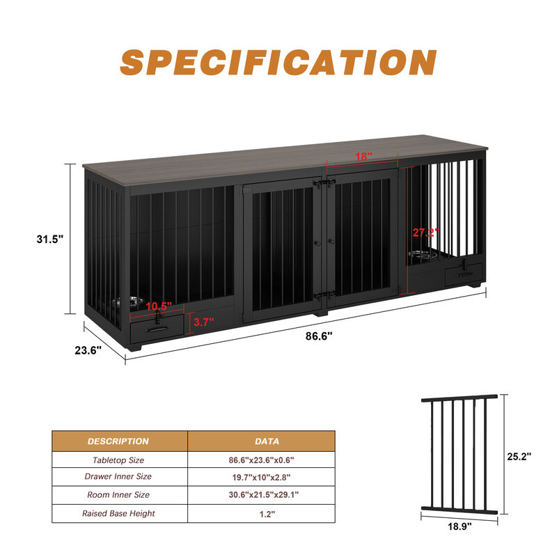 Black Large Furniture Style Dog Crate with Dog Feeding Area, Large Dog Crate with Removable Irons for 2 Medium Dogs