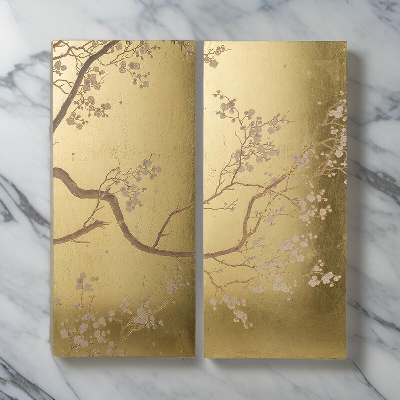 Tim 47 Inch Tall Wall Art Set of 2, Divided Floral Design, Gold, Brown - Benzara