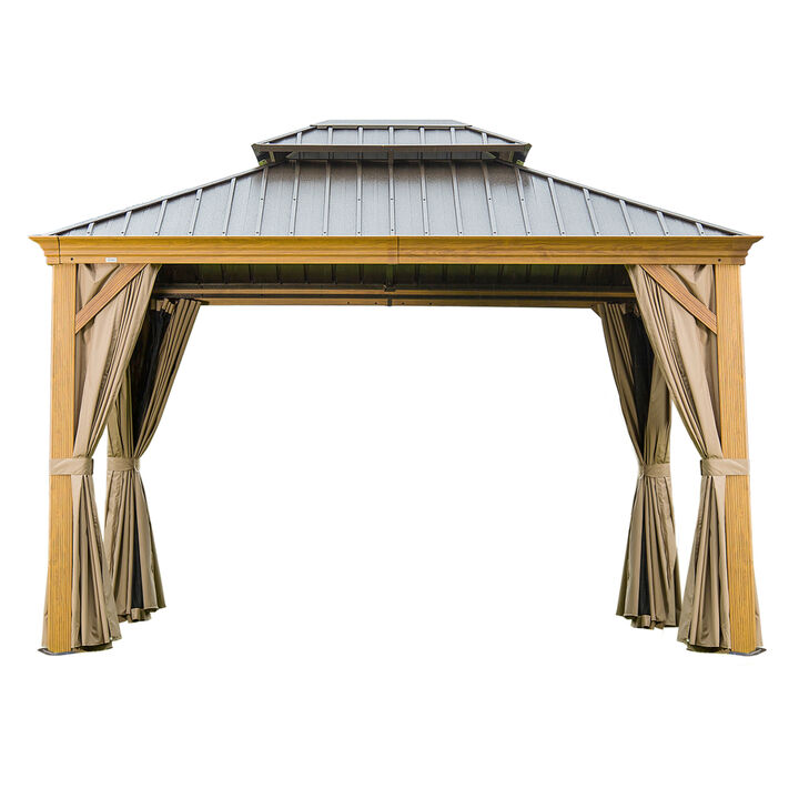 10'x12' Hardtop Gazebo, Wooden Coated Aluminum Frame Canopy with Galvanized Steel Double Roof, Outdoor Permanent Metal Pavilion with Curtains and Netting for Patio, Deck and Lawn(Wood-Looking)