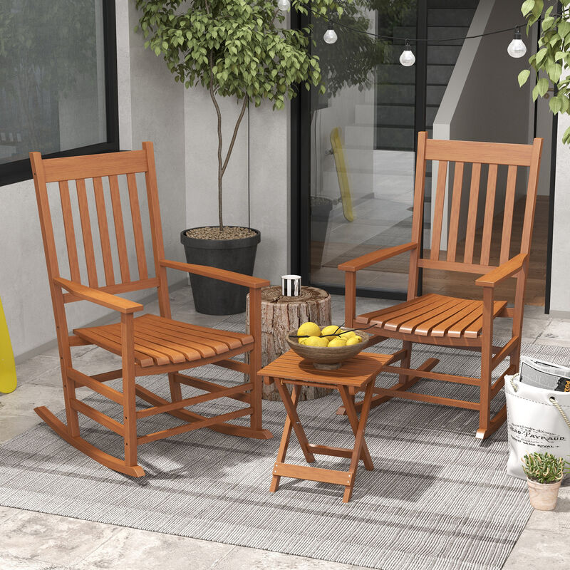 Outsunny Wooden Rocking Chair Set w/ Foldable Side Table, Outdoor Rocker Chairs with Curved Armrests, High Back & Slatted Seat for Garden, Balcony, Porch, Supports Up to 352 lbs., Teak