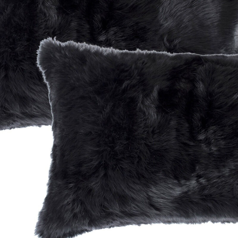 Homezia Set Of Two 12" X 20" Black Rabbit Natural Fur Throw Pillows