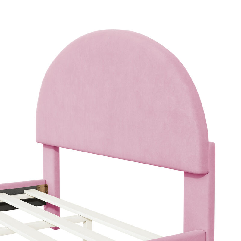 Full Size Upholstered Platform Bed with Classic Semicircle Shaped headboard and Mental Legs, Velvet, Pink