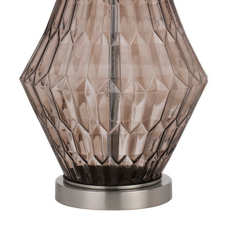 31 Inch Glass Table Lamp with Dimmer, Geometric Base, Brown-Benzara