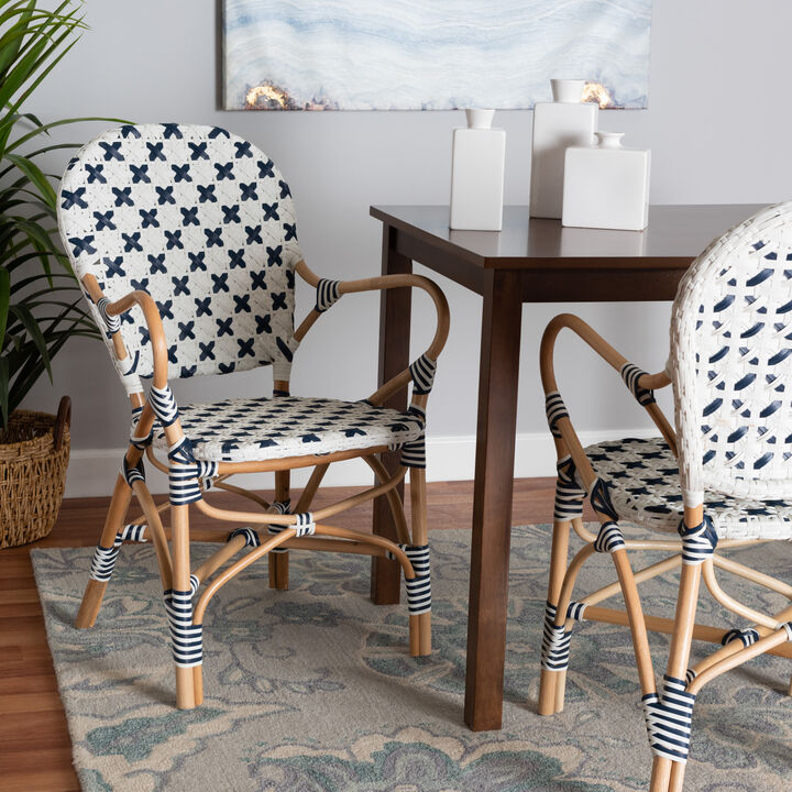 bali & pari Bryson Modern French Blue and White Weaving and Natural Rattan Bistro Chair