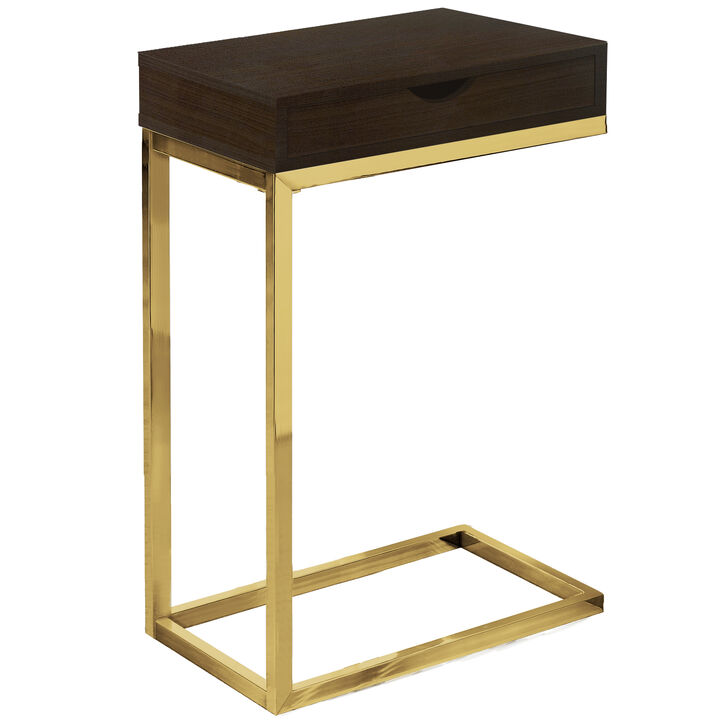 Monarch Specialties I 3236 Accent Table, C-shaped, End, Side, Snack, Storage Drawer, Living Room, Bedroom, Metal, Laminate, Brown, Gold, Contemporary, Modern