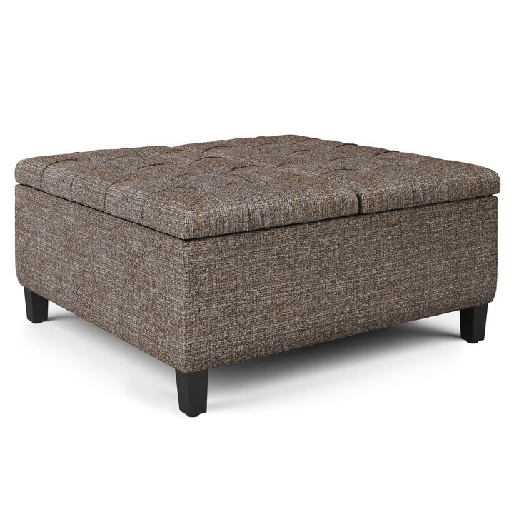 Harrison 36 inch Wide Transitional Square Coffee Table Storage Ottoman in Mink Brown Tweed Look Fabric