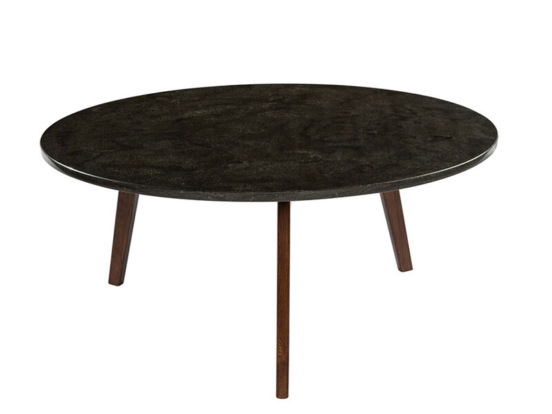 Stella 31" Round Italian Black Marble Coffee Table with Walnut Legs