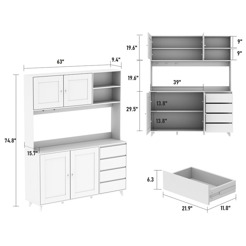 White Large Kitchen Pantry Cabinet Buffet with 4-Drawers Hooks Open Shelves and Glass Doors