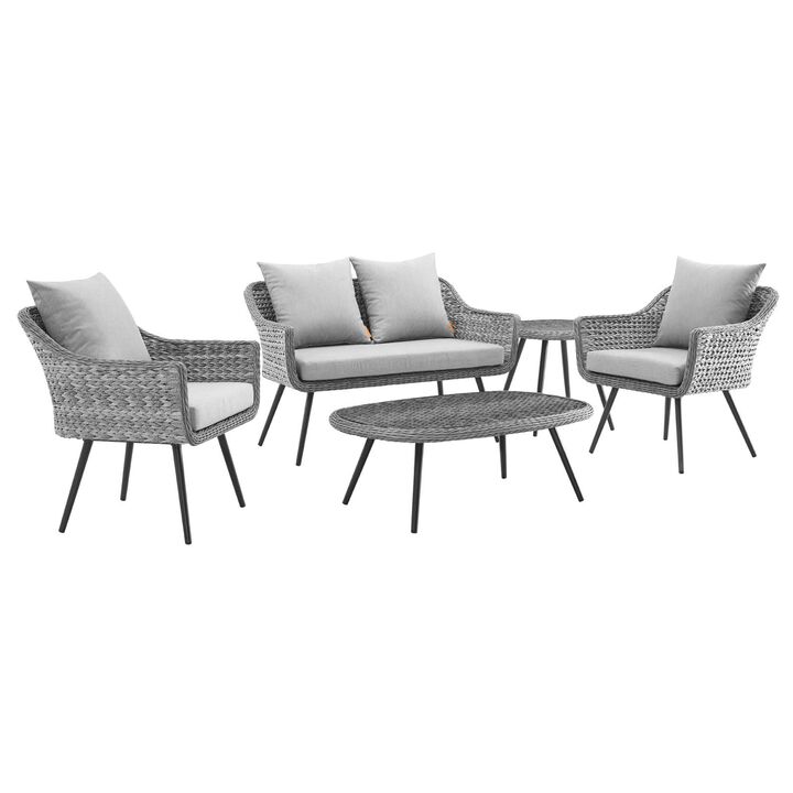 Modway - Endeavor 5 Piece Outdoor Patio Wicker Rattan Loveseat Armchair Coffee + Side Table Set Gray Gray