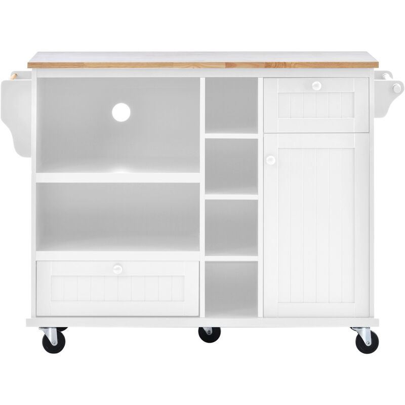 Kitchen Island Cart with Storage Cabinet and Two Locking Wheels, Solid wood desktop, Microwave cabinet, Floor Standing Buffet Server Sideboard for Kitchen Room, Dining Room, Bathroom(White)