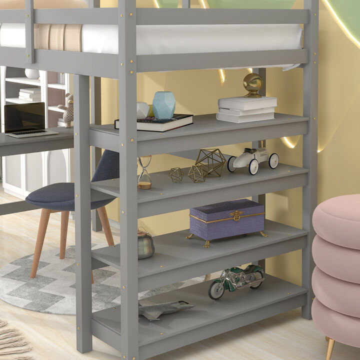 Loft Bed Twin with desk,ladder,shelves, Gray