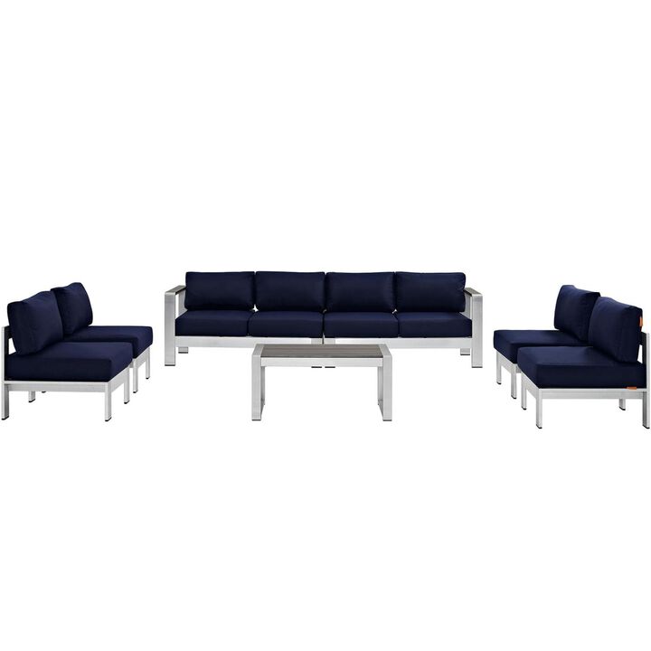 Modway Shore 7-Piece Aluminum Outdoor Patio Sectional Sofa Set in Silver Navy