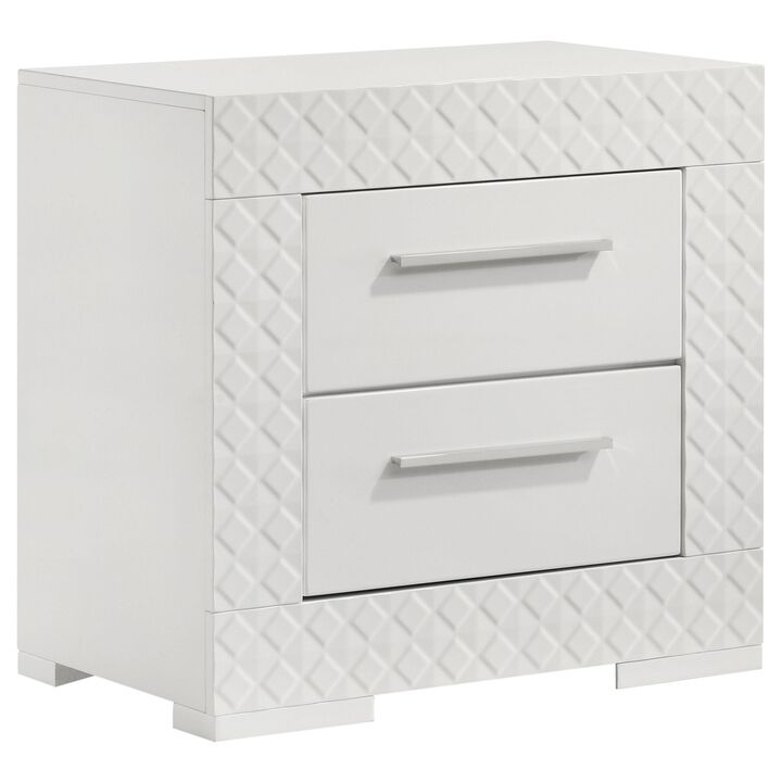 Ivon Nightstand, 2 Drawers, 26 Inch Modern Glossy White Solid Hardwood - Benzara