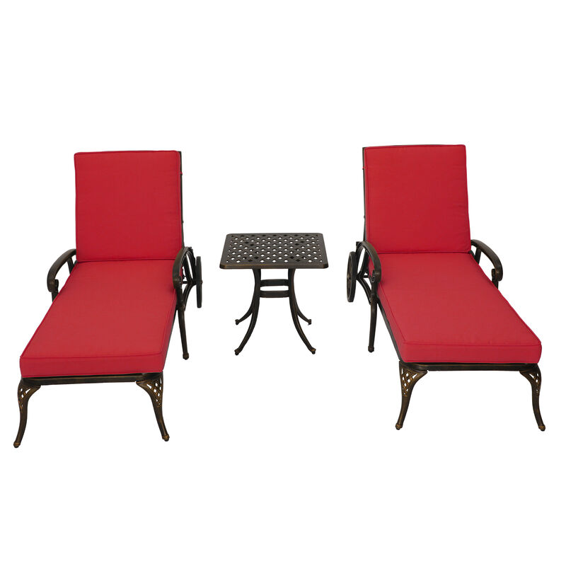 MONDAWE 3-Piece Outdoor Chaise Lounge with Cushion and Cast Aluminum Side Table