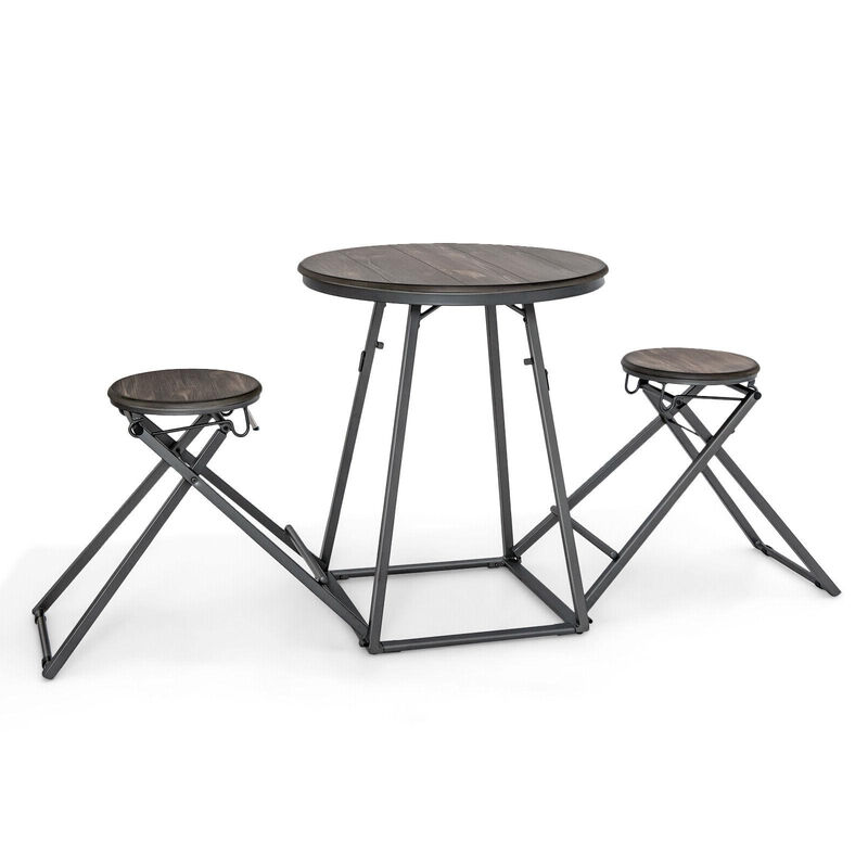 3 Pieces Dining Table Set with 2 Foldable Stools for Small Space-Grey