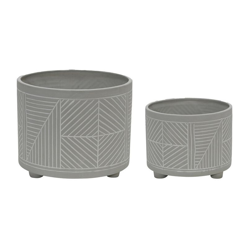 Planter with Round Shape and Lattice Pattern, Set of 2, Gray-Benzara