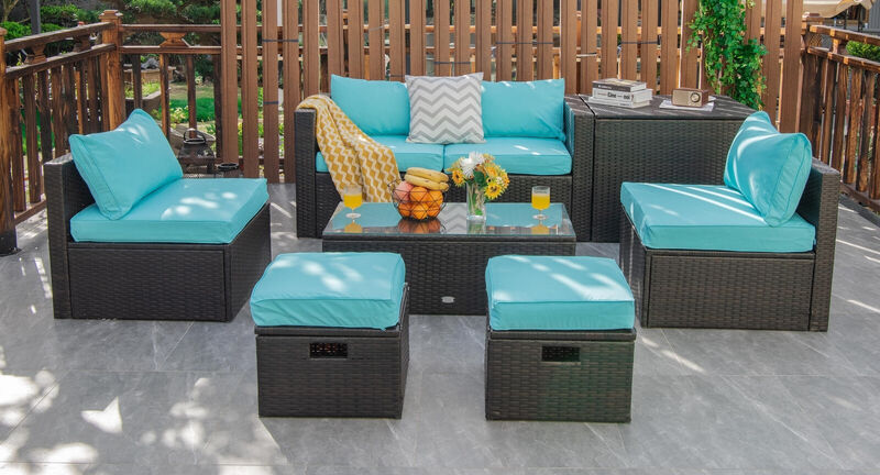 8 Pieces Patio Space-Saving Rattan Furniture Set with Storage Box and Waterproof Cover